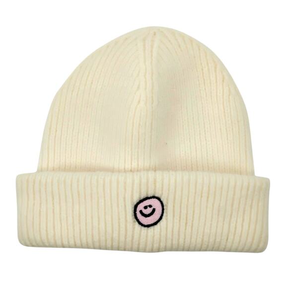 Do Everything In Love Smiley Face Beanie Hat Cream Pink Ribbed Knit One Size - Picture 1 of 3